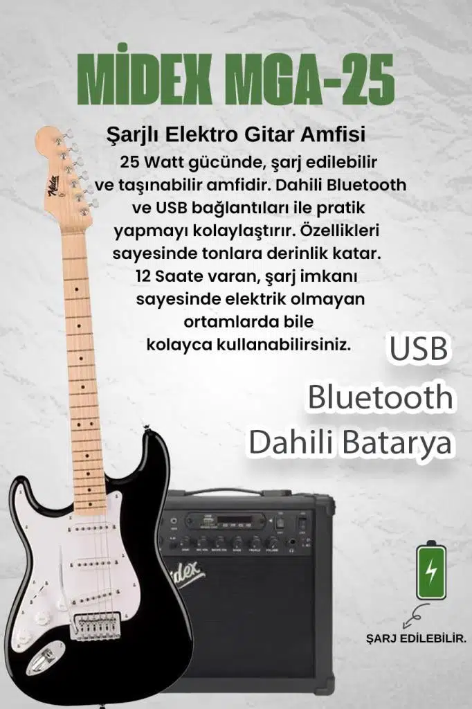 Midex RPH-31WB-25AMP Solak Elektro Gitar 25W Amfili Full Set