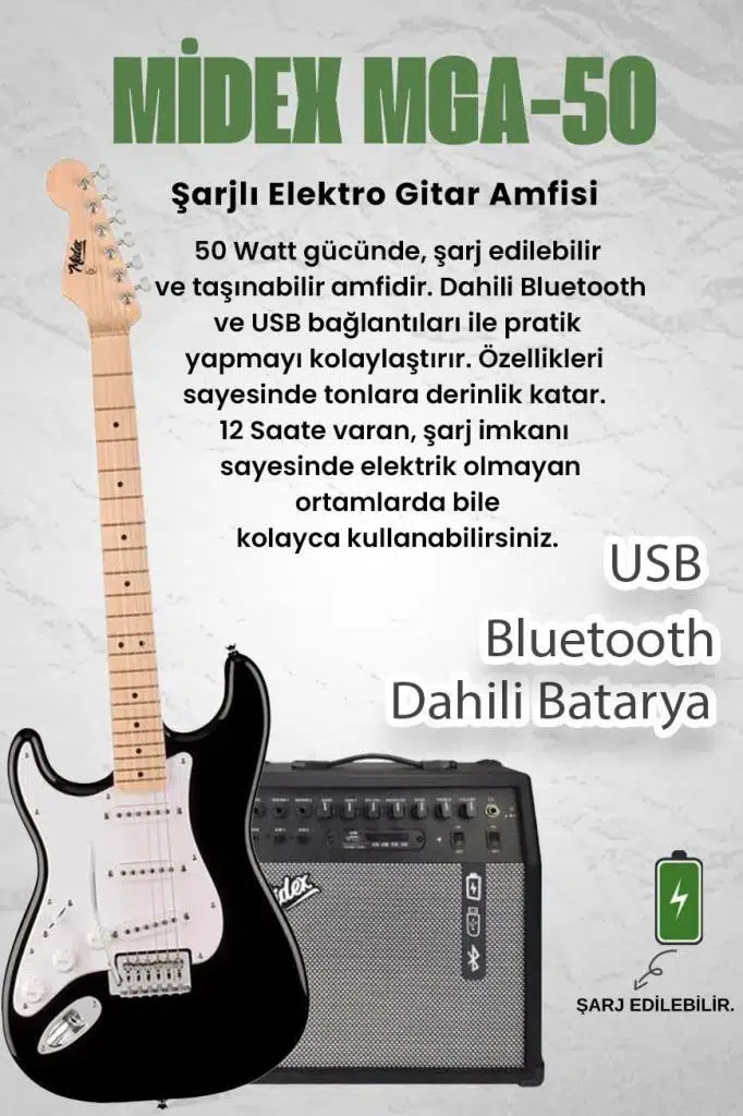 Midex RPH-31WB-50AMP Solak Elektro Gitar 50W Amfili Full Set