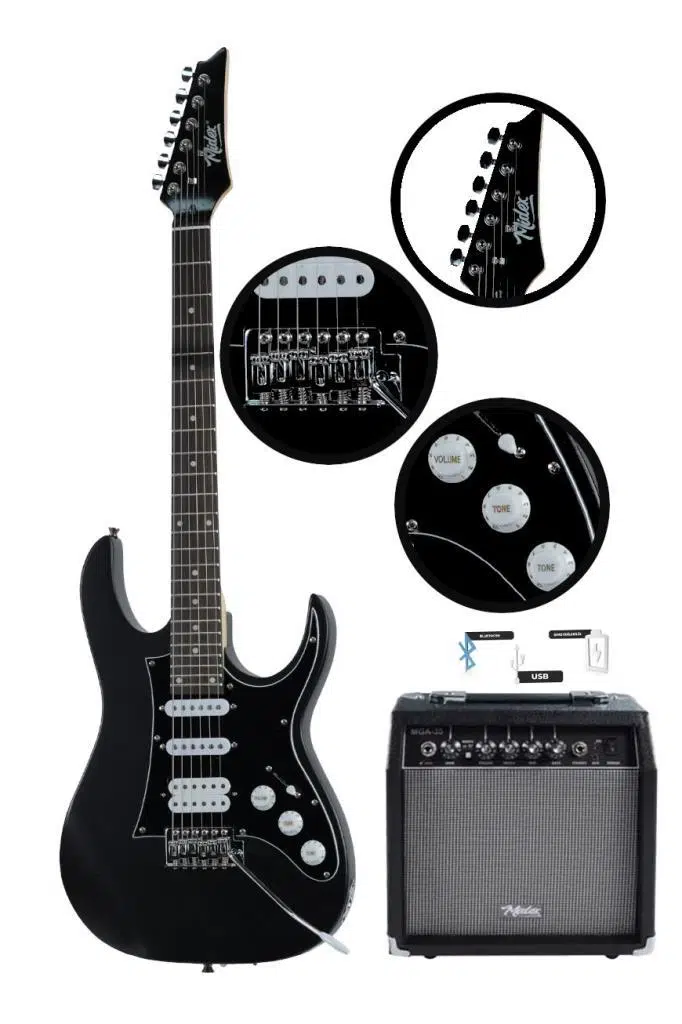 Midex RPH-320BK-35AMP Siyah Renk Super Strat Kasa HSS 35W Amfili Elektro Gitar Seti