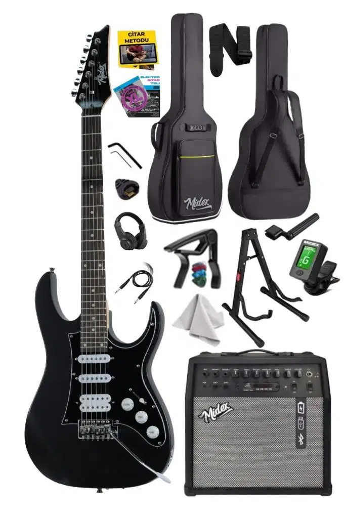 Midex RPH-320BK-50AMP Siyah Renk Super Strat Kasa HSS 50W Amfili Elektro Gitar Seti