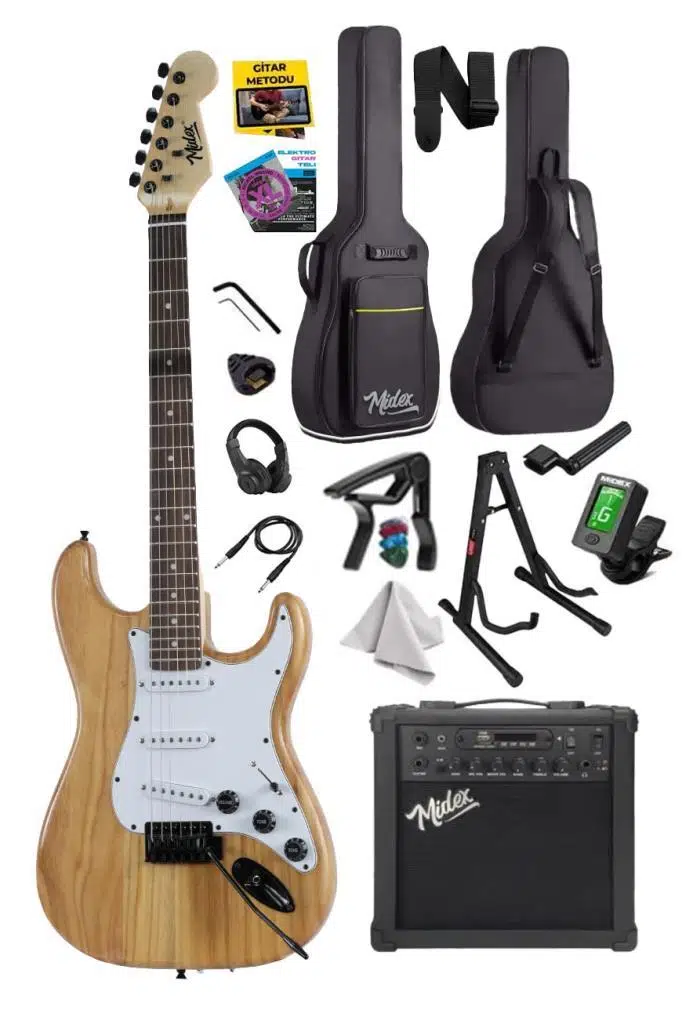 Midex RPH-320WD-25AMP Ahşap Renk Strat Kasa SSS 25W Amfili Elektro Gitar Seti