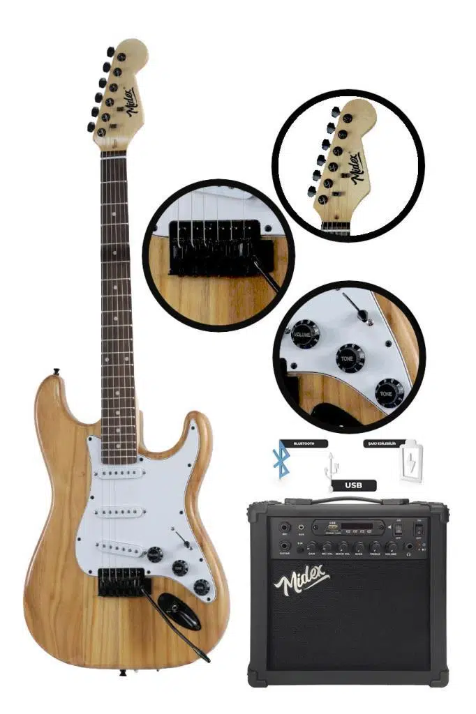Midex RPH-320WD-25AMP Ahşap Renk Strat Kasa SSS 25W Amfili Elektro Gitar Seti