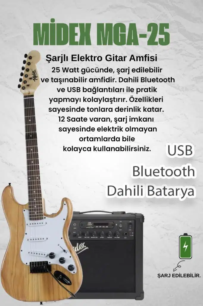 Midex RPH-320WD-25AMP Ahşap Renk Strat Kasa SSS 25W Amfili Elektro Gitar Seti