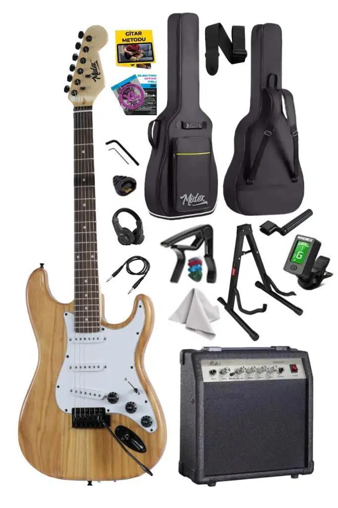 Midex RPH-320WD-30AMP Ahşap Renk Strat Kasa SSS 30W Amfili Elektro Gitar Seti