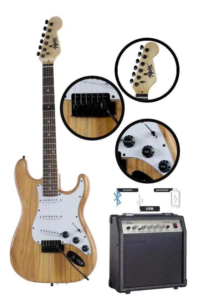 Midex RPH-320WD-30AMP Ahşap Renk Strat Kasa SSS 30W Amfili Elektro Gitar Seti