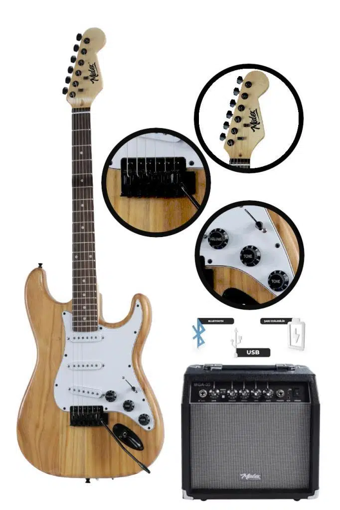 Midex RPH-320WD-35AMP Ahşap Renk Strat Kasa SSS 35W Amfili Elektro Gitar Seti