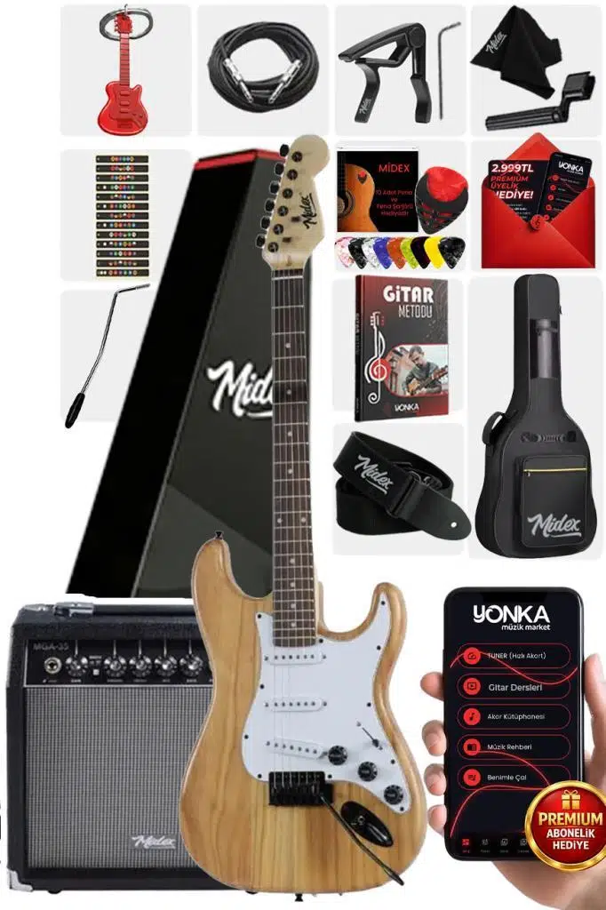Midex RPH-320WD-35AMP Ahşap Renk Strat Kasa SSS 35W Amfili Elektro Gitar Seti
