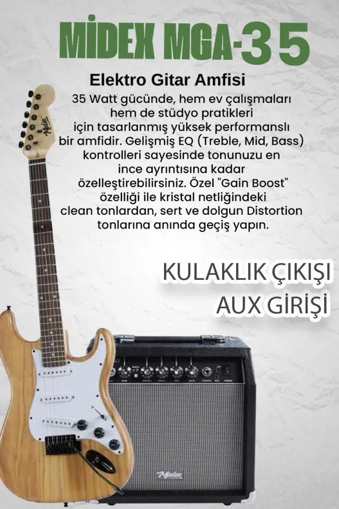Midex RPH-320WD-35AMP Ahşap Renk Strat Kasa SSS 35W Amfili Elektro Gitar Seti