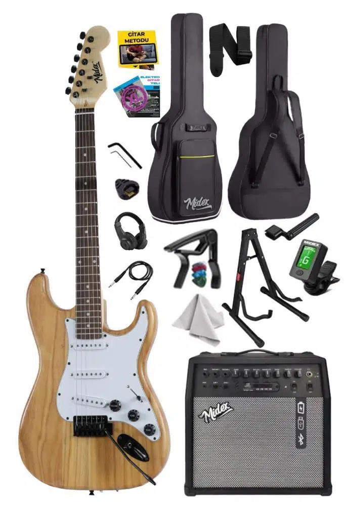 Midex RPH-320WD-50AMP Ahşap Renk Strat Kasa SSS 50W Amfili Elektro Gitar Seti