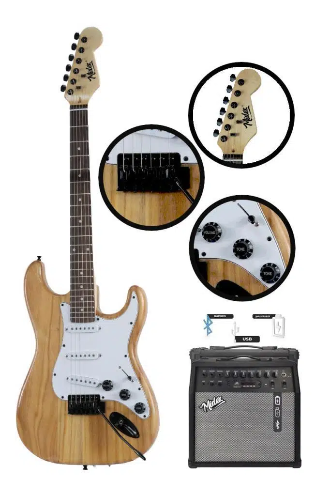Midex RPH-320WD-50AMP Ahşap Renk Strat Kasa SSS 50W Amfili Elektro Gitar Seti