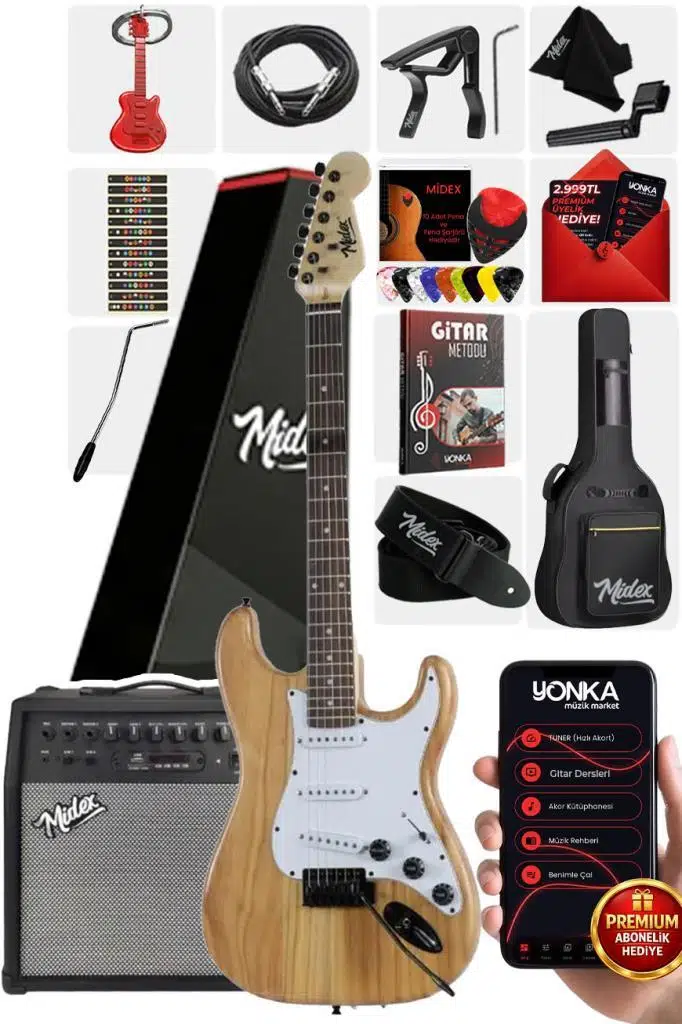 Midex RPH-320WD-50AMP Ahşap Renk Strat Kasa SSS 50W Amfili Elektro Gitar Seti