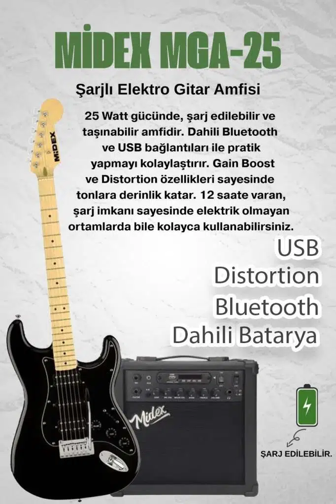 Midex RPH-40BK-25AMP Elektro Gitar Seti 25 WATT GAİN`Lİ Bluetooth Şarjlı Amfi ve Full SET