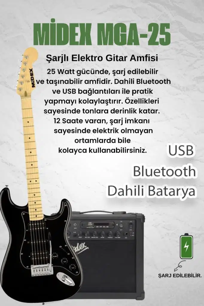 Midex RPH-40BK-25AMP Elektro Gitar Seti 25 WATT GAİN'Lİ Bluetooth Şarjlı Amfi ve Full SET