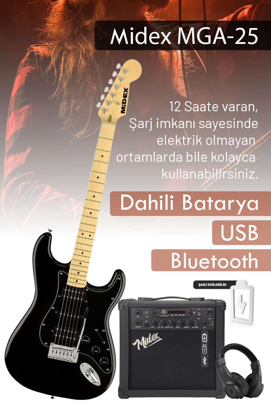 Midex RPH-40BK-25AMP Elektro Gitar Seti 25 WATT GAİN`Lİ Bluetooth Şarjlı Amfi ve Full SET