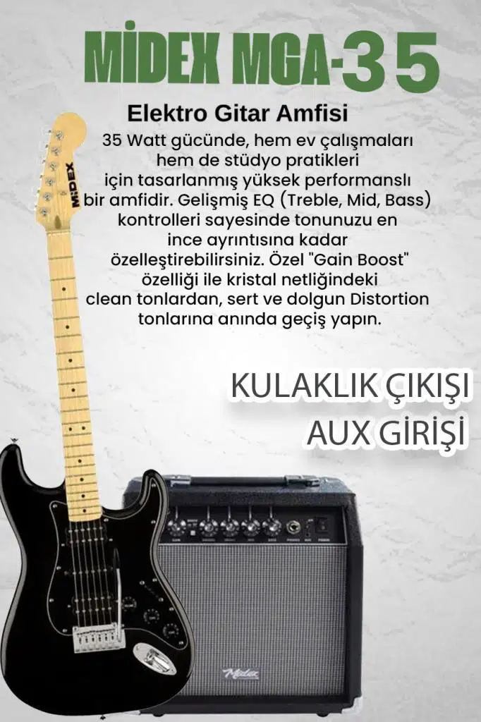 Midex RPH-40BK-35AMP Full Black 35W Amfili Elektro Gitar Seti HSH Manyetik Maple Klavye