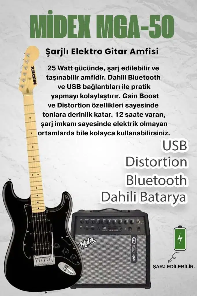 Midex RPH-40BK-50AMP Full Black 50W Şarjlı BT Amfili Elektro Gitar Seti HSH Manyetik Maple Klavye