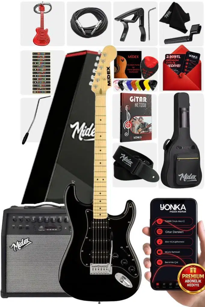 Midex RPH-40BK-50AMP Full Black 50W Şarjlı BT Amfili Elektro Gitar Seti HSH Manyetik Maple Klavye