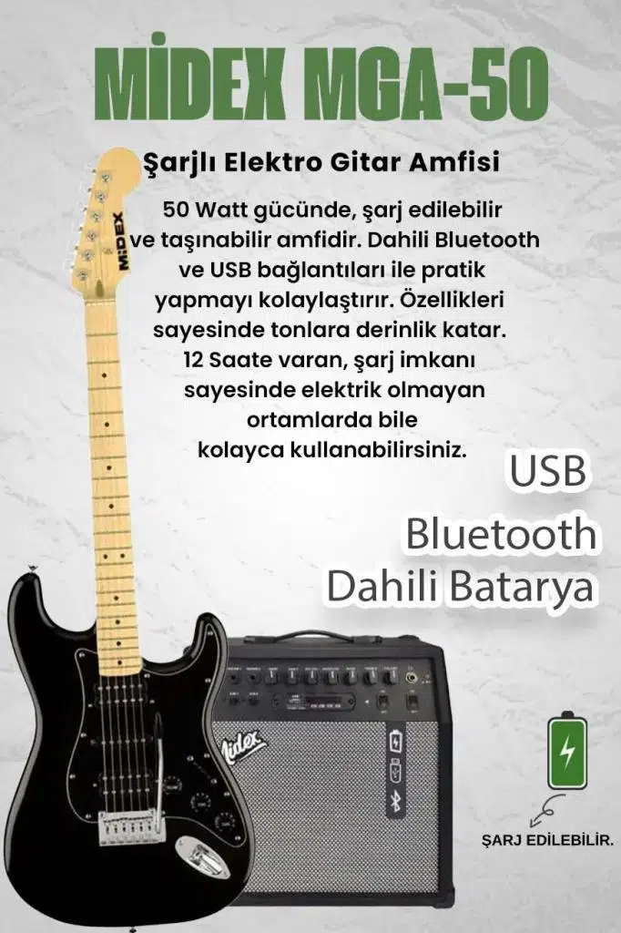 Midex RPH-40BK-50AMP Full Black 50W Şarjlı BT Amfili Elektro Gitar Seti HSH Manyetik Maple Klavye