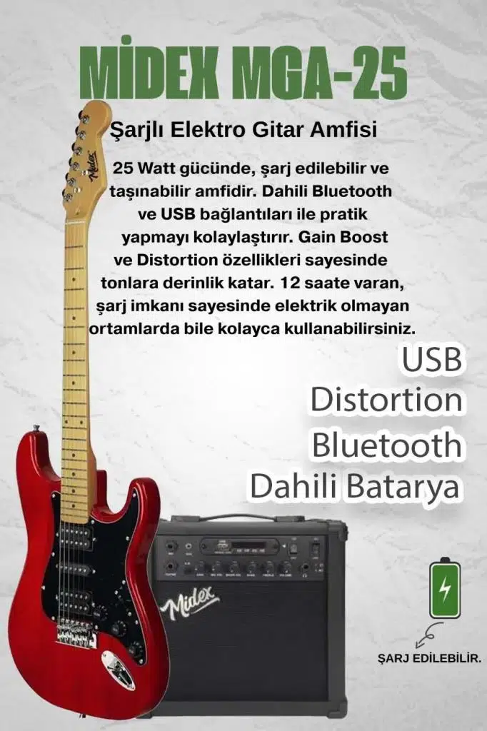 Midex RPH-40RD-25AMP 25W Şarjlı BT Amfili Elektro Gitar Seti HSH Manyetik Maple Klavye
