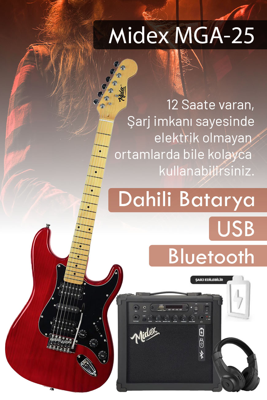 Midex RPH-40RD-25AMP 25W Şarjlı BT Amfili Elektro Gitar Seti HSH Manyetik Maple Klavye