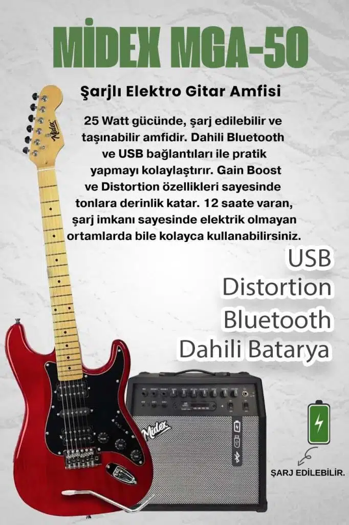 Midex RPH-40RD-50AMP 50W Şarjlı BT Amfili Elektro Gitar Seti HSH Manyetik Maple Klavye