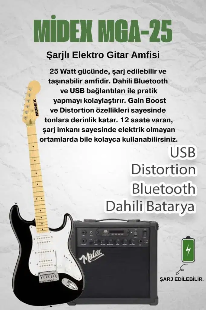 Midex RPH-40WB-25AMP Siyah Beyaz 25W Şarjlı BT Amfili Elektro Gitar Seti HSH Manyetik Maple Klavye