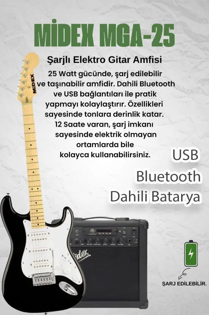 Midex RPH-40WB-25AMP Siyah Beyaz 25W Şarjlı BT Amfili Elektro Gitar Seti HSH Manyetik Maple Klavye