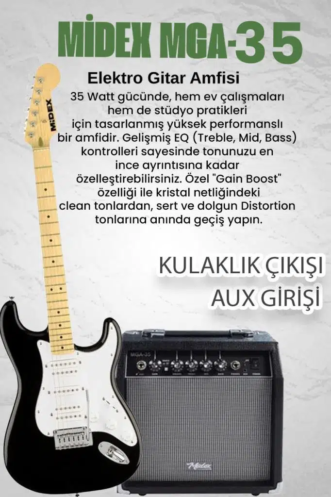 Midex RPH-40WB-35AMP 35W Şarjlı Amfili Elektro Gitar Seti HSH Manyetik Maple Klavye