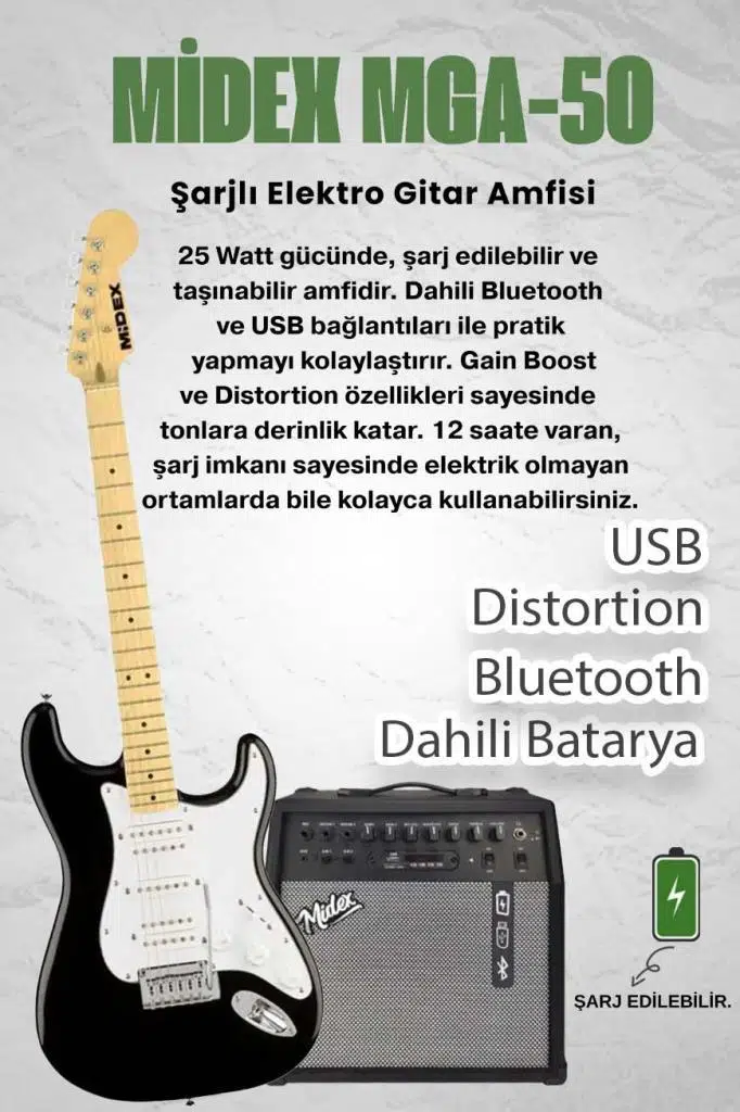 Midex RPH-40WB-50AMP Siyah Beyaz 50W Şarjlı BT Amfili Elektro Gitar Seti HSH Manyetik Maple Klavye