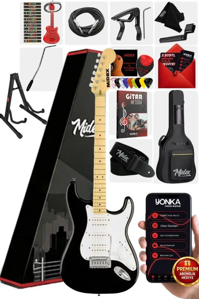 Midex RPH-40WB-ST Siyah Beyaz Elektro Gitar Seti HSH Manyetik Maple Klavye Üst Kalite