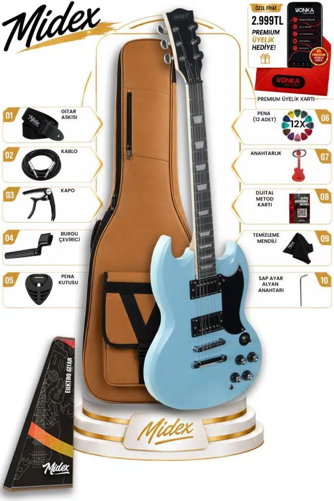 Midex SG-Special-LTB Profesyonel SG Kasa HH Elektro Gitar Seti Turkuaz