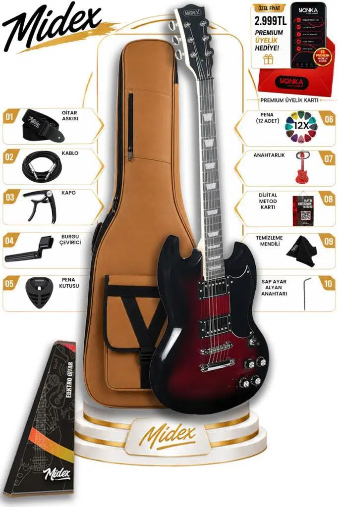Midex SG-Special-RDS Profesyonel SG Kasa HH Elektro Gitar Seti Kırmızı Sunburs