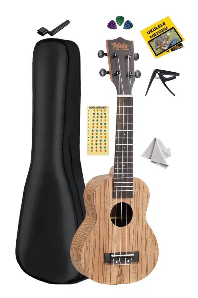 Midex SPA-211-OUT Zebrano Ağacı Kaliteli Soprano Ukulele Seti(OUTLET)
