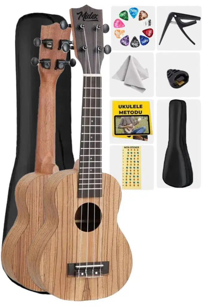 Midex SPA-211 Zebrano Ağacı Kaliteli Soprano Ukulele Seti