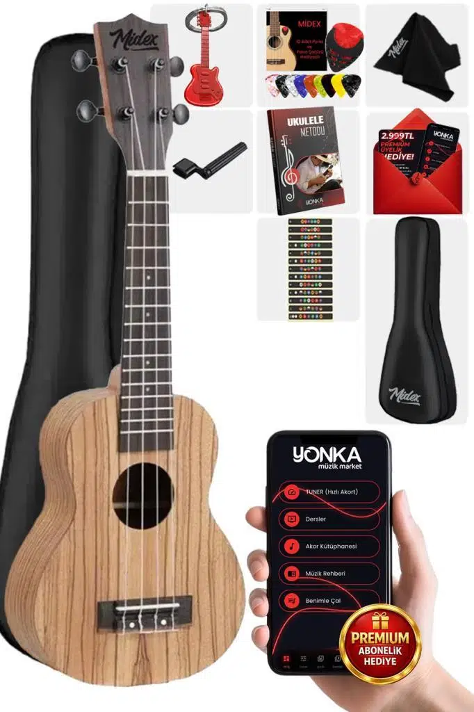 Midex SPA-211 Zebrano Ağacı Kaliteli Soprano Ukulele Seti