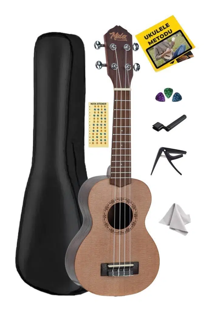 Midex SPA-231-OUT Ladin Venge Ağacı Kaliteli Soprano Ukulele Seti(OUTLET)