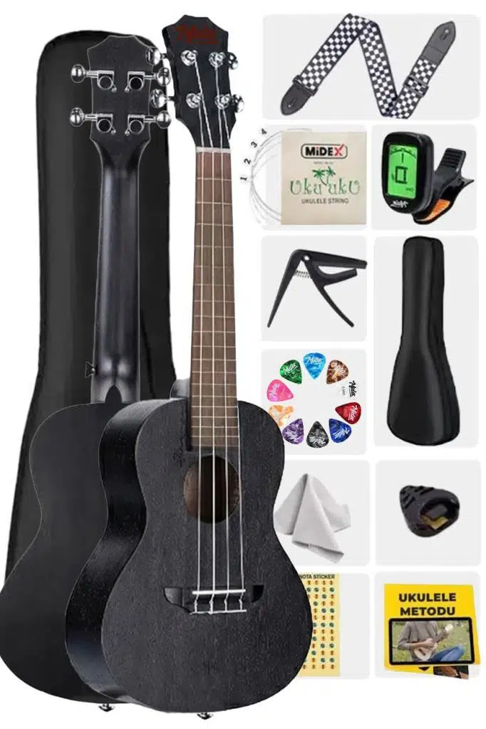 Midex SPA-235BK Maun Ağacı Yüksek Kaliteli Soprano Ukulele Seti Siyah