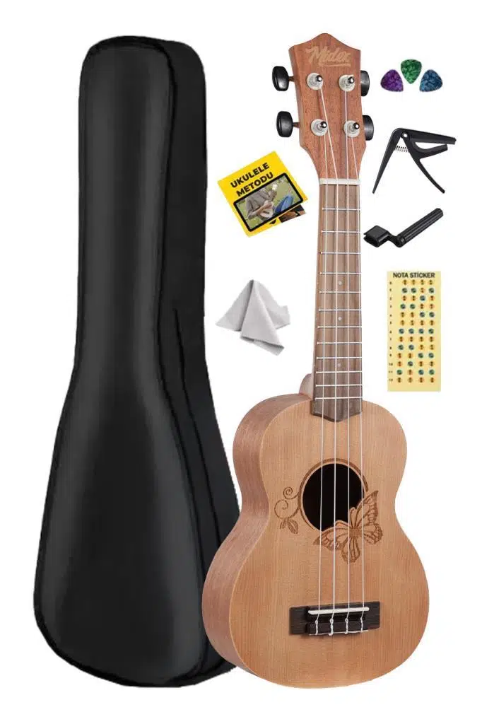 Midex SPA-261 Ladin Ağacı Kelebek Desenli Kaliteli Soprano Ukulele Seti