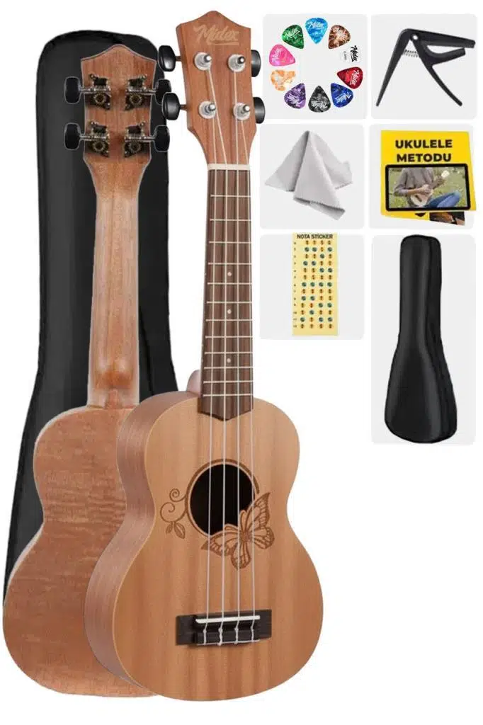 Midex SPA-261 Ladin Ağacı Kelebek Desenli Kaliteli Soprano Ukulele Seti