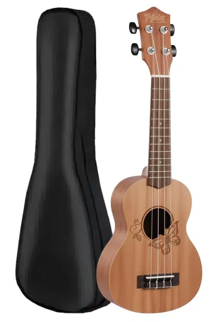 Midex SPA-261 Ladin Ağacı Kelebek Desenli Kaliteli Soprano Ukulele Seti