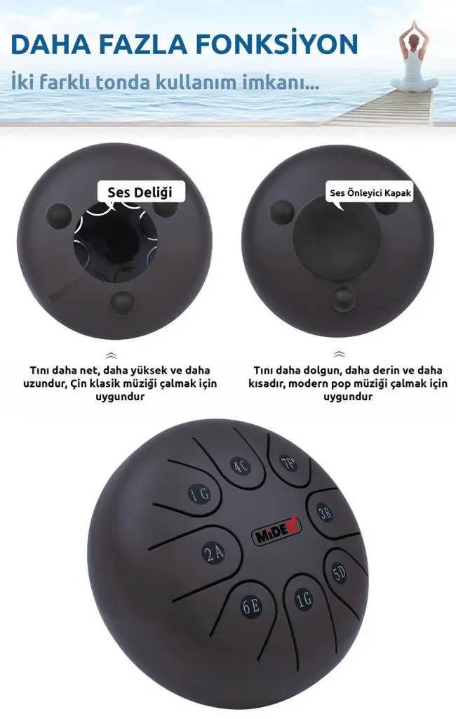 Midex TD-68BK Çelik Dil Davul Handpan 6 İnç 8 Ton Steel Tongue Drum Full Set