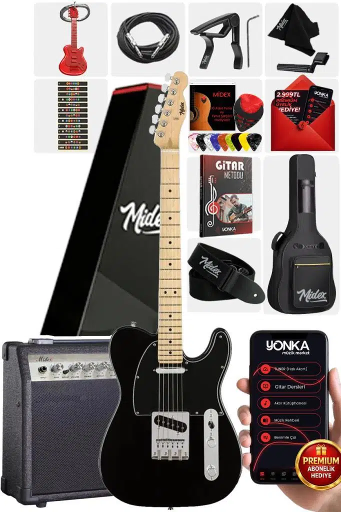Midex TLX-50BK-30AMP Tele Kasa Maple Klavye 2 Single-Coil 30W Amfili Elektro Gitar