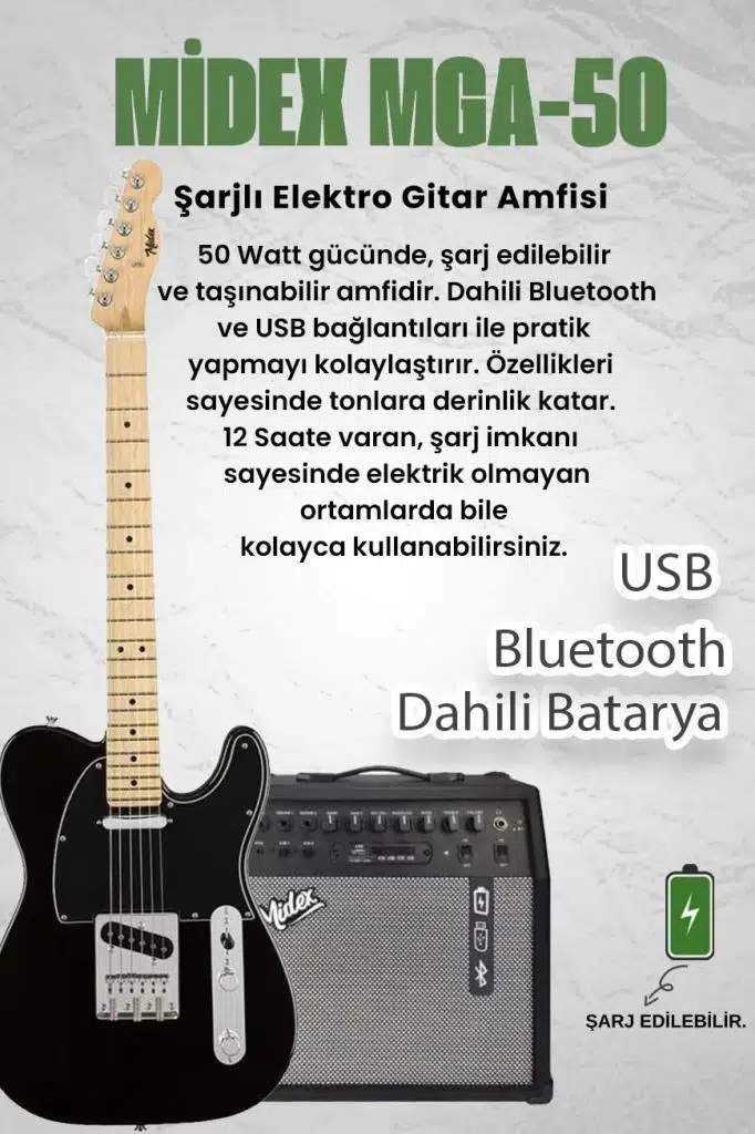Midex TLX-50BK-50AMP Tele Kasa Maple Klavye 2 Single-Coil 50W Amfili Elektro Gitar