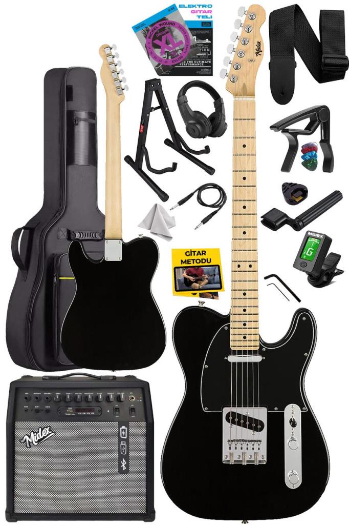 Midex TLX-50BK-50AMP Tele Kasa Maple Klavye 2 Single-Coil 50W Amfili Elektro Gitar
