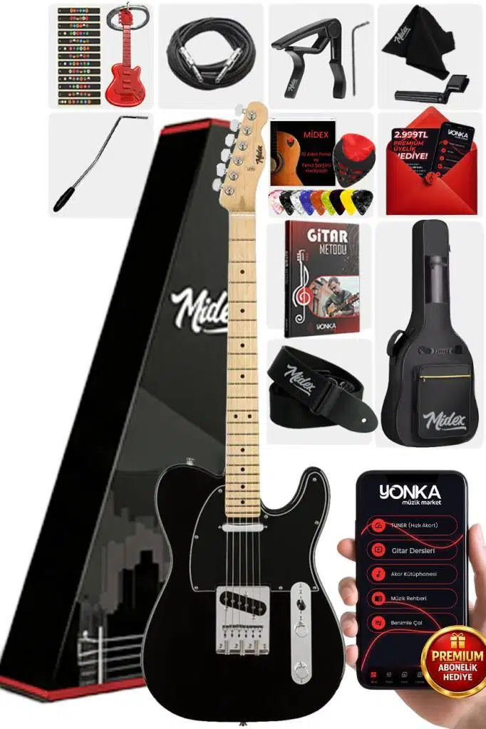 Midex TLX-50BK Tele Kasa Maple Klavye 2 Single-Coil Manyetik Elektro Gitar