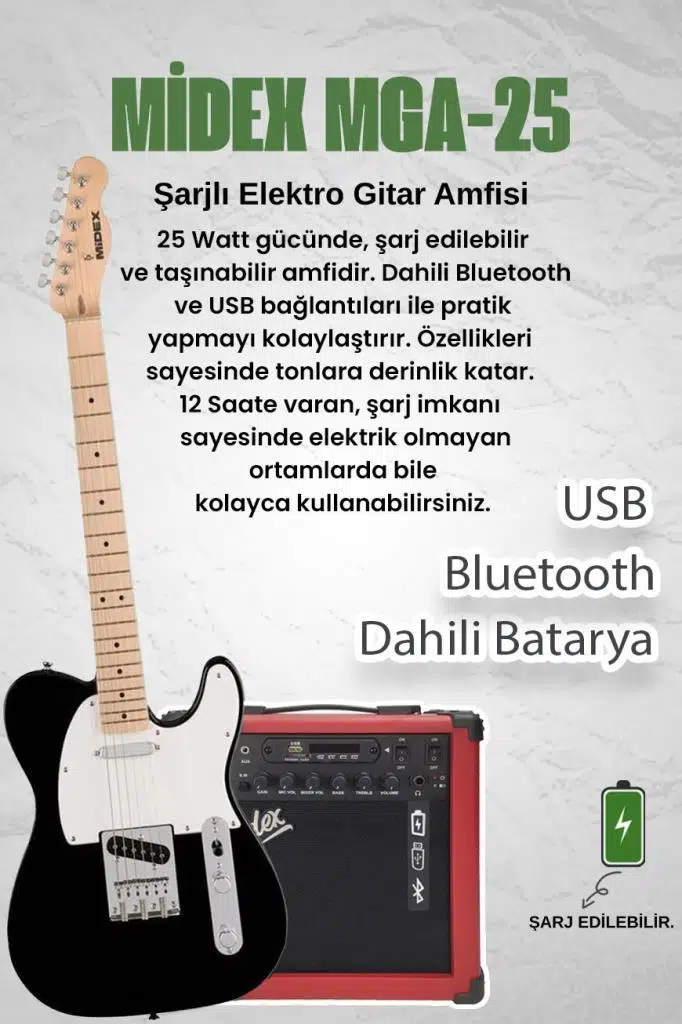 Midex TLX-50WB-25AMP-RD Tele Kasa Maple Klavye 2 Single-Coil 25W Amfili Elektro Gitar