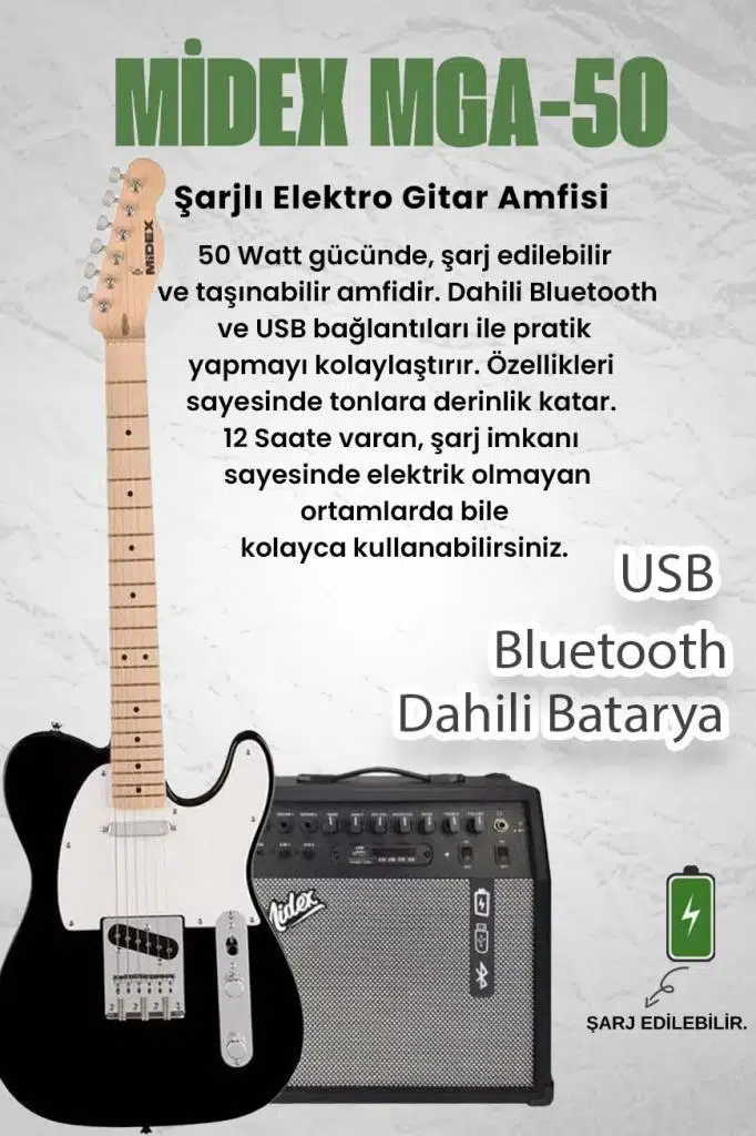 Midex TLX-50WB-50AMP Tele Kasa Maple Klavye 2 Single-Coil 50W Amfili Elektro Gitar