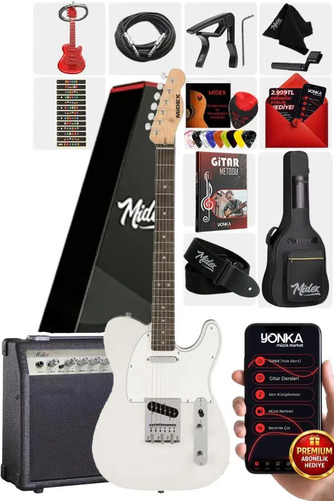 Midex TLX-50WH-30AMP Tele Kasa Gül Klavye 2 Single-Coil 30W Amfili Elektro Gitar