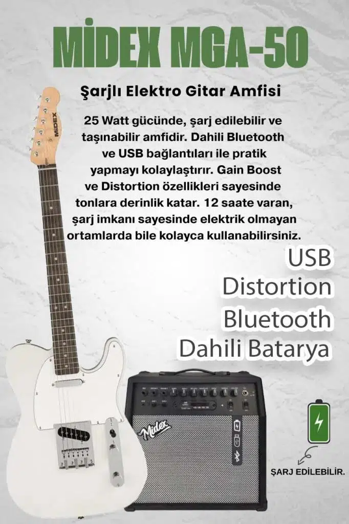 Midex TLX-50WH-50AMP Tele Kasa Gül Klavye 2 Single-Coil 50W Amfili Elektro Gitar