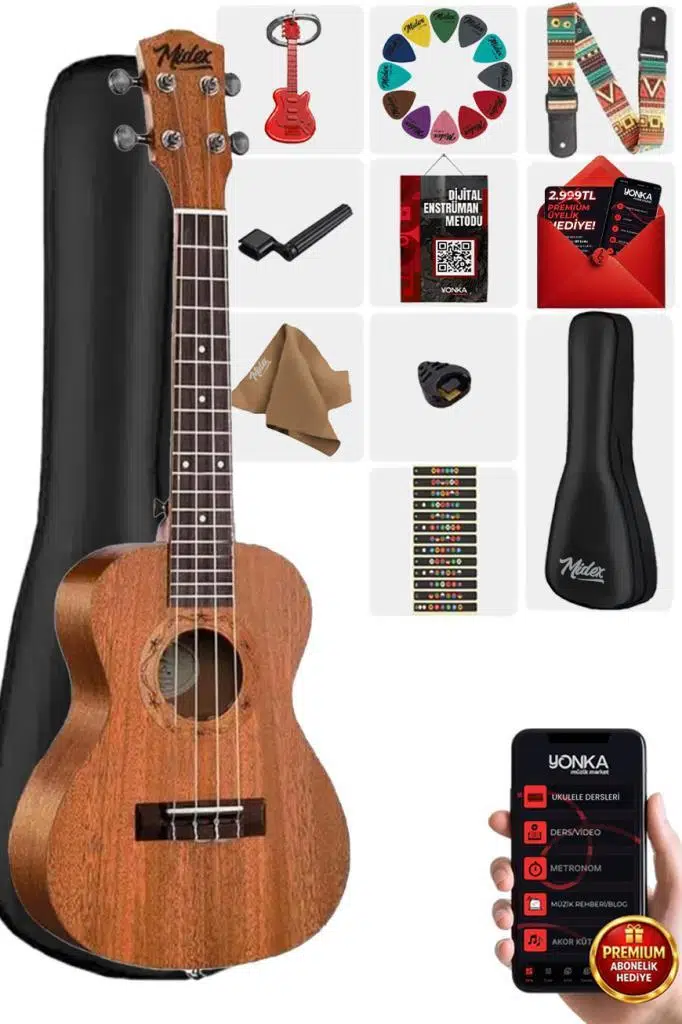 Midex TN-26M Set Maun Tenör Ukulele (Metod Nota Sticker Askı Pena)